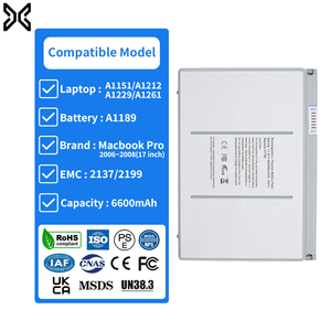 Batería para Portátil A1189 al por Mayor, Compatible con <span class=keywords><strong>MacBook</strong></span> <span class=keywords><strong>Pro</strong></span> <span class=keywords><strong>17</strong></span>" 2006-2008, 10.8V 70WH 6600mAh A1151 A1212 A1229 A1261 2137 2199 OEM en Stock - Product Image 1