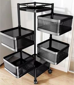 5-Layer Practical Kitchen Storage <b>Trolley</b> Carbon Steel Square Shelf Rotating <b>Wheel</b> Holders Racks Standing Type Installation - Product Image 1