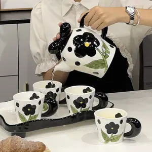 Novo design mão impresso flor chá presente definido para meninas nórdico cerâmica chá copo conjunto com bule