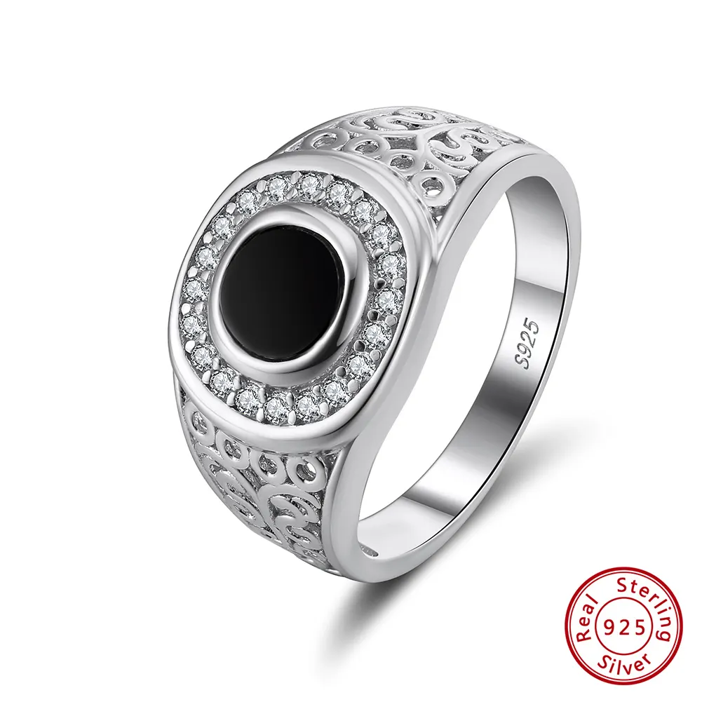 Rinntin NMR09 Schwarzer runder Achat runder Onyx mit CZ Edelstein hand gefertigter flacher Edelstein 925 Sterling Silber Ring für Männer