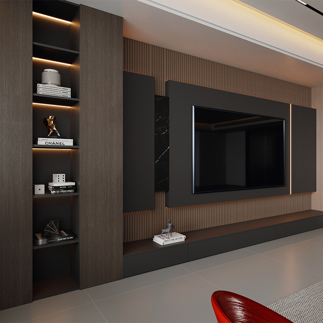 Living Room TV Cabinet Set: Italian-Style LED TV Cabinet with Lattice-Patterned Paneling and Sideboard High-End Furniture