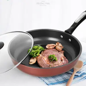 กระทะเหล็กคาร์บอนเคลือบ Nonstick ขนาด24ซม. 26ซม.,กระทะทอดพร้อมฝาแก้วสำหรับเตาทำอาหาร