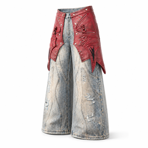 Jeans DiZNEW pour homme, coupe large, effet délavé, avec surpièces en cuir PU amovibles, fermeture éclair, rivets, style streetwear, denim, OEM ODM - Product Image 3