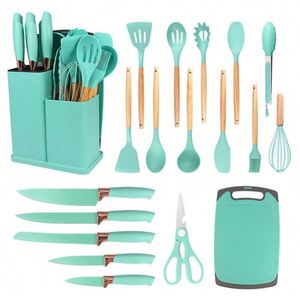 Ensemble d'ustensiles de cuisine professionnels multifonctions en silicone et en bois de 19 pièces avec panier de rangement, support, compatible lave-vaisselle - Product Image 5