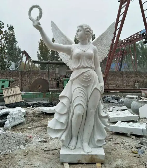 Escultura de Ángel de piedra, estatua de Ángel de mármol blanco de tamaño real grande