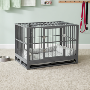 Cage pour chien robuste de 36 pouces en métal avec roues verrouillables, double porte, plateau amovible, gris, fournitures pour petits animaux - Product Image 2