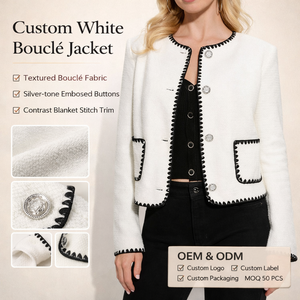 Custom Women <strong>White</strong> <strong>Boucle</strong> Cropped <strong>Jacket</strong> Contrast Black Trim Button Front Elegant Fashion Wholesale - Product Image 1