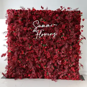 8ft*8ft Wedding Wall Roll Up 5D Flower Wall Backdrop Red Rose Flower Wall With Grass