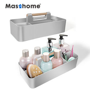 Masthome European Practical Plastic Storage Box White Organizer With Wood Handle Portable Makeup Organizer Caddy