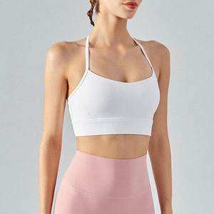 Women Ribbed T-Strap <b>Back</b> Sports Bra Thin Spaghetti Strap Padded Yoga Crop <b>Top</b> Stretch <b>Low</b> Impact Pilates Fitness Bralette - Product Image 4