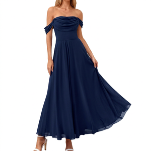 Vestido de Fiesta Largo con Hombros Descubiertos, Corte en A, Azul Marino, Satinado, Fruncido, Cintura Natural, Transpirable, Elegante y Formal para Mujer - Product Image 1