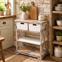 Console d'entrée rustique en bois blanc vieilli avec 2 tiroirs, meuble d'appoint en bois avec piètement en X, rangement en bois