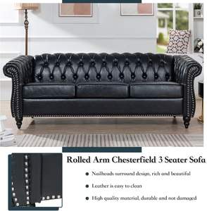 Chesterfield <span class=keywords><strong>classico</strong></span> divano in pelle PU a 3 posti con braccioli arrotolati per <span class=keywords><strong>soggiorno</strong></span> o ufficio di colore nero - Product Image 4