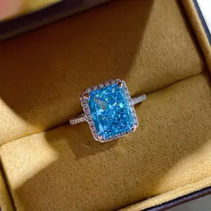 Fanish Sieraden 925 Sterling Zilver 8A Ijs Cut Aque Blue Diamond Eternity Halo Ring Luxe Radiant Cut Wedding Engagement Rings