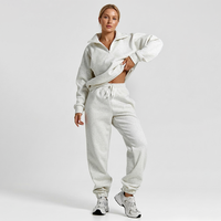 Setelan Olahraga Wanita Bahan Fleece Tebal Ukuran Besar, Sweatshirt Setengah Resleting dan Celana Jogger Berpinggang Karet, Gaya Athleisure Minimalis
