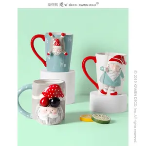 OEM ODM Ceramic Unique 3D Design Santa Claus Mug With Straw Christmas Mugs Set