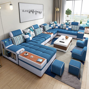 Muebles de Sala de Estar en Oferta, Sofá de Terciopelo <span class=keywords><strong>Azul</strong></span> de 7 Plazas con Diseño Moderno y Elegante, Carga USB, Esquinero Seccional - Product Image 2