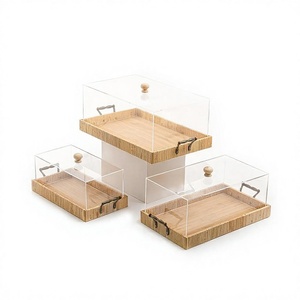 Plateau de service en bois avec couvercle en acrylique et poignées en fer, ensemble de trois plateaux de service de différentes tailles pour la cuisine - Product Image 1