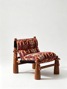 Chaise longue en bois massif de style bohème, chaise d'appoint en tissu à motifs ethniques rouges pour salon et chambre à coucher - Product Image 4