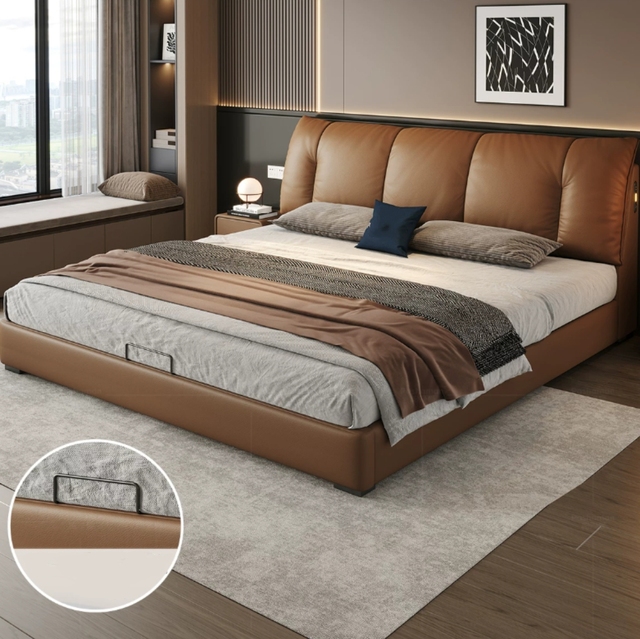 Modern Minimalist Genuine Leather Floor-standing Storage Bed, Italian-style Master Bedroom Double Bed with Soft-padded Bed Frame