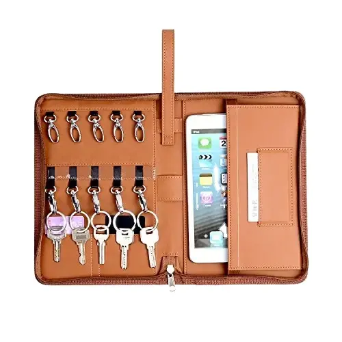 Porta-chaves em couro tamanho A4 de amostra grátis, organizador de armazenamento com zíper, porta-chaves com etiquetas adesivas