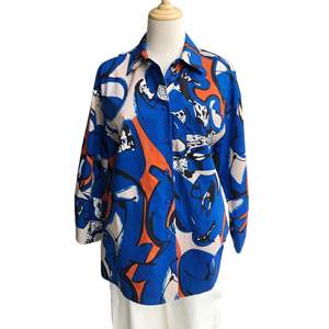 Camisa de Mujer - Primavera Casual, Estampado Vibrante de Corriente Oceánica Azul, Corte Holgado, Cuello Alto, Poliéster, Única y Versátil - Product Image 1