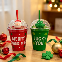 Gobelet isotherme personnalisé 420 ml en plastique à double paroi avec couvercle et paille, idéal pour les fêtes de Noël, écologique, pour boissons froides