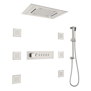 Ensemble de <span class=keywords><strong>douche</strong></span> encastré en acier inoxydable 20*14 pouces avec lumière LED à cinq fonctions à température constante et douchette à main relevable - Product Image 2