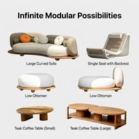 Sofá Curvo de Madera de Teca Sólida, Duradero, Contemporáneo, Modular, con Otomana Incluida, Mesa de Centro, Asiento Individual, Sofá de Exterior de Alta Gama