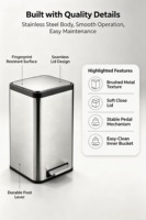Poubelle rectangulaire en acier inoxydable de 15 L avec couvercle à fermeture douce et pédale, pour la maison, la cuisine, la salle de bain, l'hôtel, le bureau