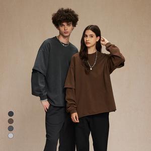 2024 otoño marca Retro dos bordes enrollados cuello redondo manga larga Camiseta hombres hacer viejo teñido lavado agua sudaderas - Product Image 2