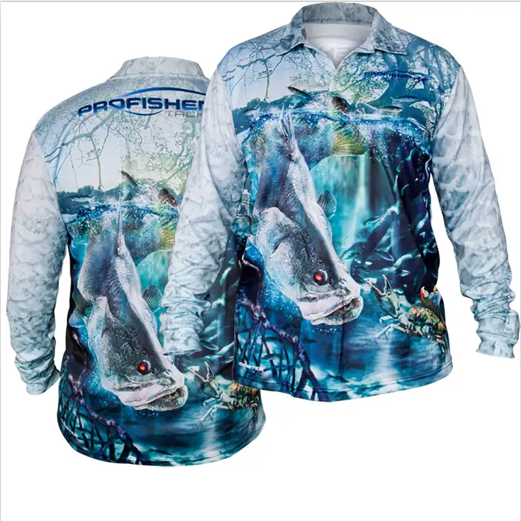 Özel yapılmış süblimasyon turnuvası uzun kollu balıkçılık gömlek balıkçılık kıyafetleri