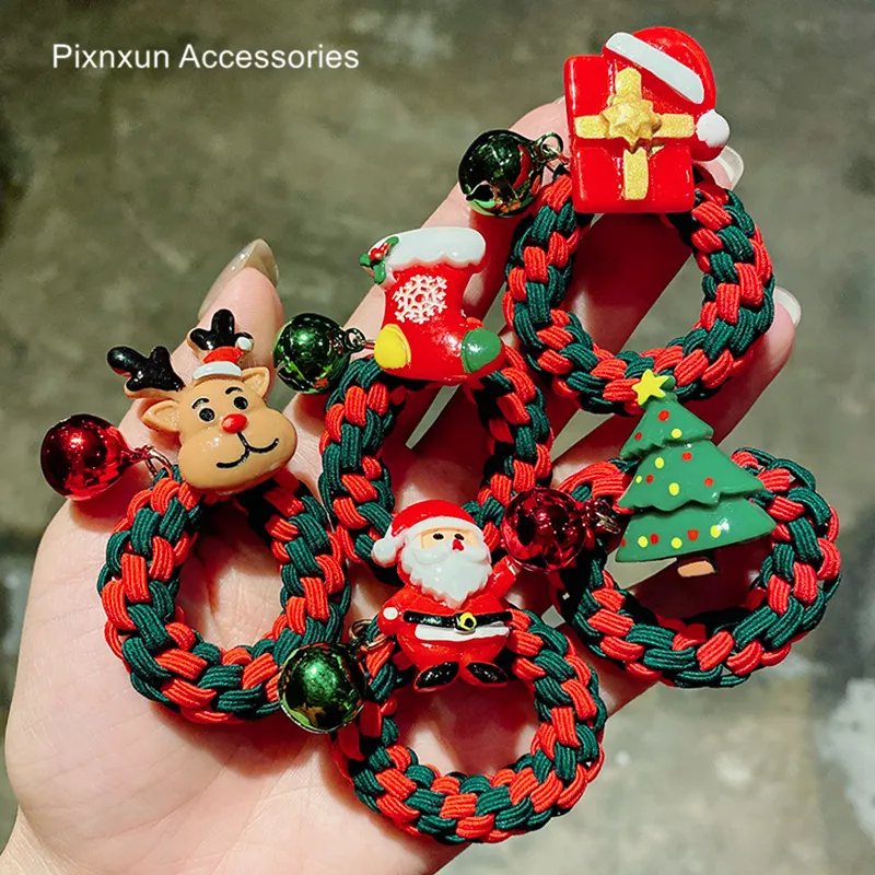 Hot Selling Leuke Kerst Thema Resin Onderdelen Gebreide Dikke Rubber Elastische Haarband Kerstcadeau Haaraccessoires Voor Meisjes