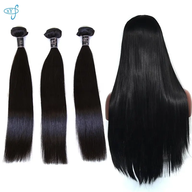 XYS Top Grade 100% Unprocessed Raw Black Silky Straight Human Hair Weave Extension Bundles with 5x5 Lace Closure for Women