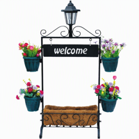 Panneau de bienvenue lumineux solaire avec support pour plantes et quatre pots de fleurs, panier carré en coco, en fer thermolaqué, pour la décoration d'entrée de jardin
