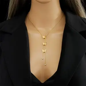 18K Goudkleurige RVS Kleurvaste 3-delige Vlinder Clavicula Ketting Niet-verblekende Zomer Vlinder Sieraden Collier - Product Image 1