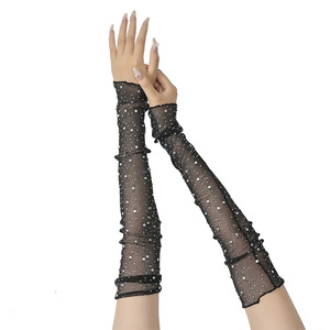 <span class=keywords><strong>Gants</strong></span> <span class=keywords><strong>longs</strong></span> sans doigts noirs en strass pour femmes, chauffe-bras en maille transparente, accessoire de clubwear orné de diamants étincelants - Product Image 4