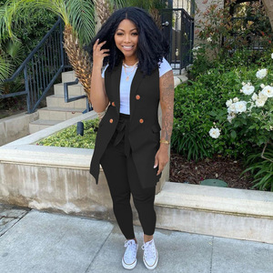 Conjunto de Dos Piezas para <span class=keywords><strong>Mujer</strong></span> de Oficina, <span class=keywords><strong>Blazer</strong></span> sin Mangas, <span class=keywords><strong>Chaleco</strong></span> Sólido con Pantalones con Cordones, Vestidos Elegantes Casuales para el Trabajo - Product Image 2