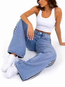 Jeans da Donna a Vita Alta e Gamba Larga con Striscia Laterale a Contrasto, Vestibilità Comoda, Lunghezza Intera, Blu Stonewashed - Product Image 5
