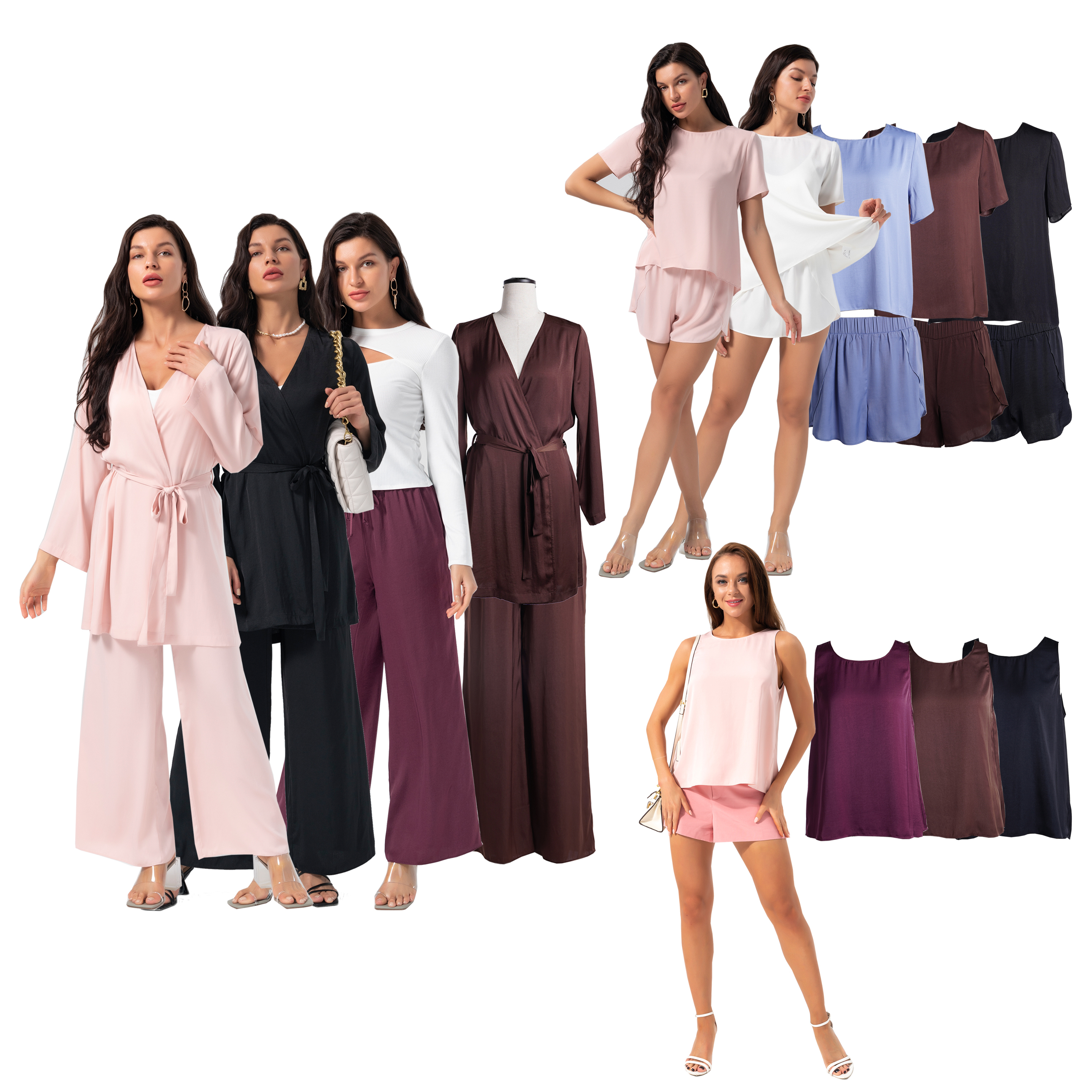 Ladies Night Wear Sexy Long Sleeves Robe Shorts Set Pajamas Cami Women Satin Silk Robes Sleep Wear Set For Women