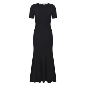 Abito Tubino Nero da Donna in Maglia, Vestibilità Aderente, Decorazione Floreale Tridimensionale, Manica Corta, Collo Tondo, Elegante Lunghezza <span class=keywords><strong>Midi</strong></span> - Product Image 2