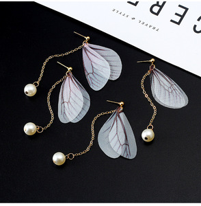 Pendientes <span class=keywords><strong>de</strong></span> mariposa con alas <span class=keywords><strong>de</strong></span> gasa y borlas, aretes largos <span class=keywords><strong>de</strong></span> dos perlas, estilo coreano, bohemio, Vintage, joyería chapada en oro - Product Image 2