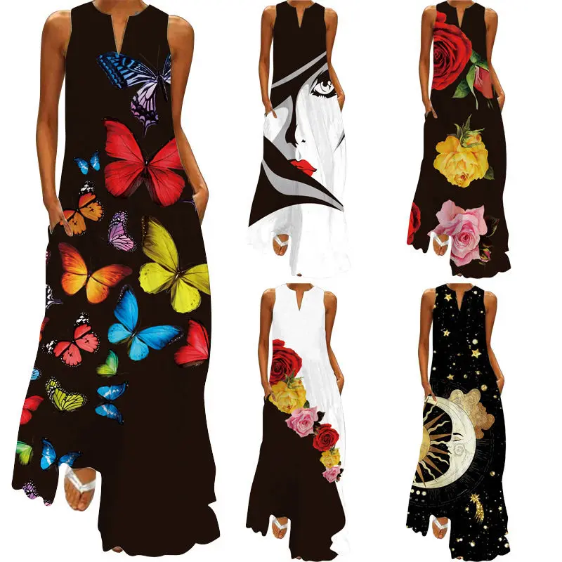 Vintage Floral Print Dress Sexy Spaghetti Strap V Neck Long Dresses Women Summer Beach Dresses Party Tunic Oversized Clothing