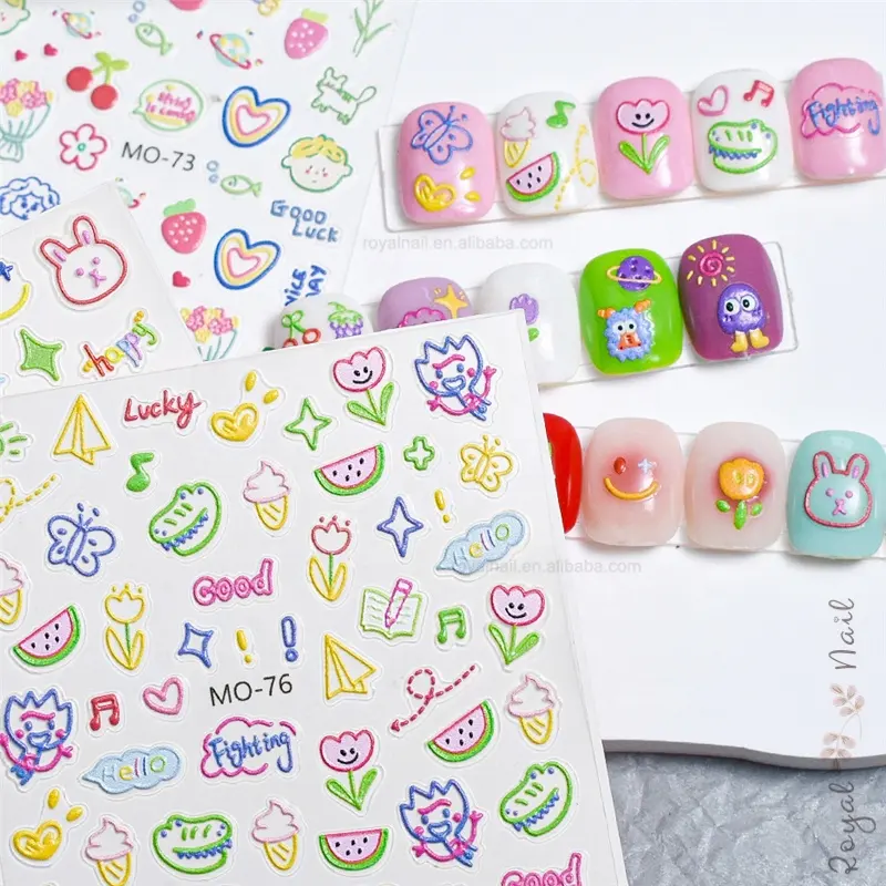 5D Stereoscopic Embossed Candy Color Cartoon Smiling Face Flower Self-Adhesive Nail Stickers for Nail Art Decoration