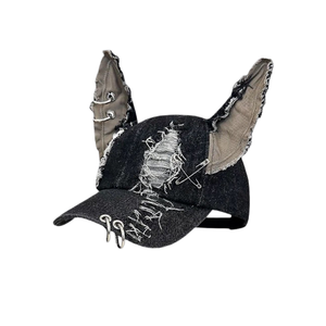 Ripped Denim <b>Baseball</b> <b>Cap</b> With 3D Ears And Metal Rings Punk Style Unisex Adjustable Hat Custom Logo Front Panel - Product Image 2