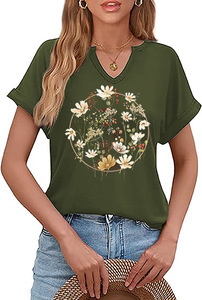 T-shirt décontracté en coton pour femmes, imprimé floral vintage, col en V, manches retroussées - Product Image 3