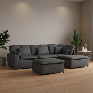 Divano componibile a forma di L in tessuto grigio scuro con poggiapiedi per soggiorno, design moderno - Product Image 2