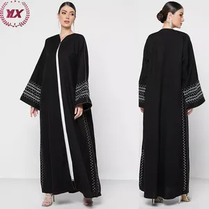 Cuff Line Embroidery Design Elegant Front Open Soft Fabric Black Abaya Women Muslim Dress