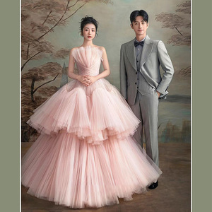 Elegant Pink Tulle Ball Gown Strapless Empire Waist Wedding Dress For Studio Portrait Photography - Product Image 2