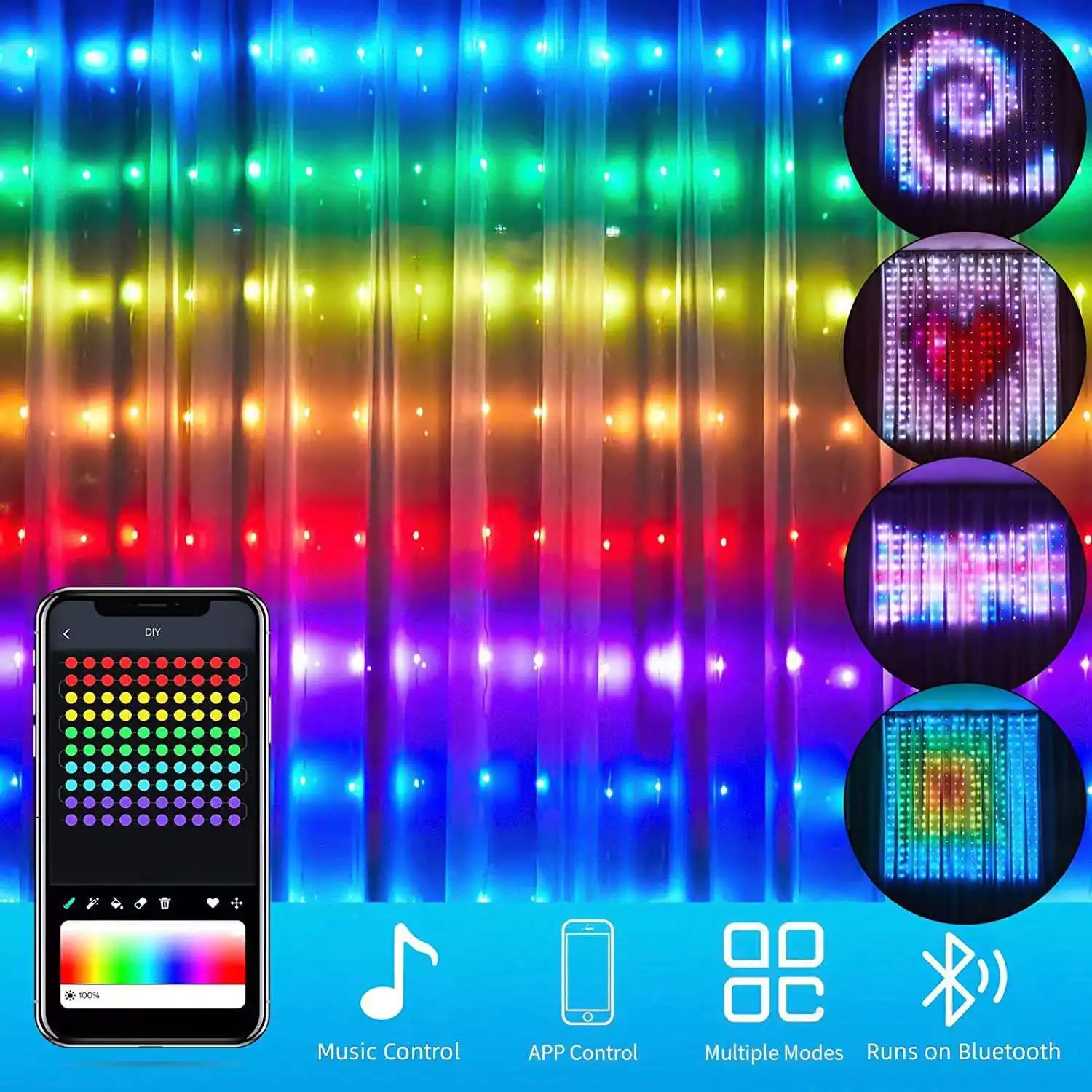 Lumières de rideau à LED DIY App Controlled Waterproof Fairy LED Curtain Lighting for Bedroom Decoration